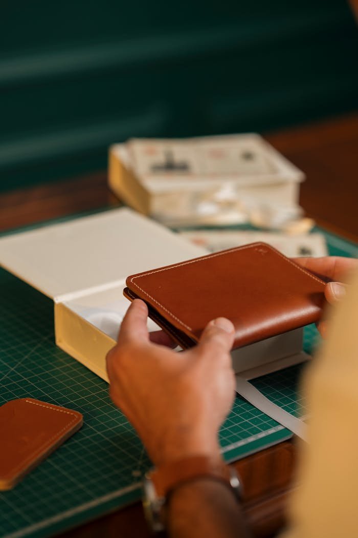 Close-up of a person crafting a leather wallet in a well-organized workspace.